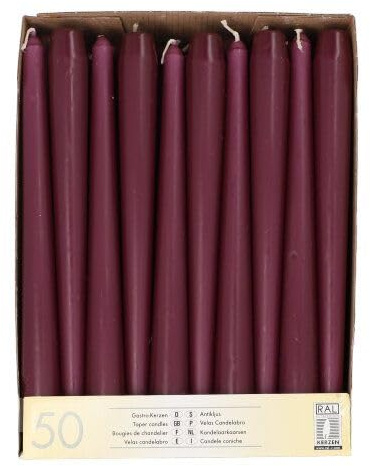 Papstar Leuchterkerzen Ø 2,2 cm, 25 cm violett 37065 lila Spitzkerzen Stabkerzen Halterkerzen, 50 Stück