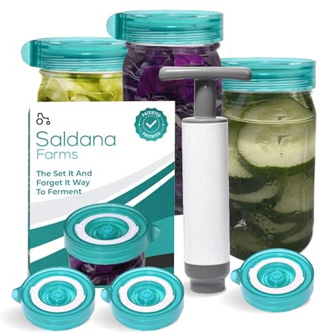 Easy Fermenter Fermentation Kit, Includes 3 Fermenting Lids for Wide Mouth Mason Jars & Oxygen Extractor Pump, Mason Jar Airlock Lid For Fermenting Kimchi, Pickle, & Sauerkraut