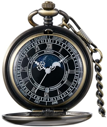 Tiong Vintage Pocket Watch with Chain Roman Numerals Scale Unique Quartz with Calendar Pocket Watches Birthday Gifts Fathers Day