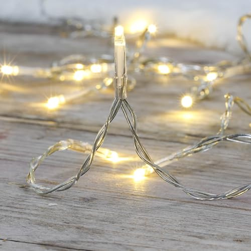 LED Lichterketten 1 m 10 LEDs, 3 Stück mit Timer, Batterie innen/außen, warmweiß, transparentes Kabel, 50 cm Zuleitung, 10 cm Lampenabstand, 3xAA