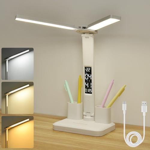 vsshe Lampe de Bureau LED à double tête, LED Double Bureau avec Heure Calendrier Température Porte Stylo, Protection De Dimmable Yeux, 3 Luminosité 3 Couleurs,Lampe Bureau Enfant Lampe Lecture.