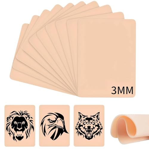 10PCS Piel Sintética Tatuaje 3mm, 20x15cm Silicona Piel Falsa de Tatuaje, Falsa de Doble Cara para Practicar Tatuajes para Principiantes y Artistas del Tatuaje