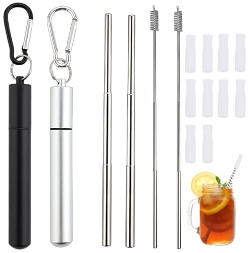 Travel Straw, 2 Pcs Collapsible Metal Straws Drinking, with Keyring Includes Case and Cleaning Brush and 10 Compact Silicone Tips, Reusable Drinking Straws for Traveling Home and Office