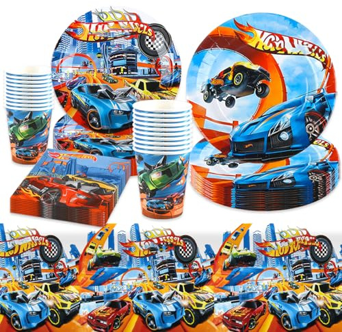 Car Birthday Party Decorations Boys- 51Pcs Wheel Kids Party Tableware Set Hot Happy Birthday Decoration Racing Auto Party Plates Cups Napkins Tablecloth for Wheel Theme ParTy Supplies 10 Guests