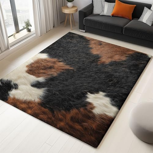 Tappeto multiuso in microfibra Nero Marrone con Fondo Gommato Antiscivolo Graziosi blocchi di colore in pelle di mucca Stampa, per ingresso, bagno - Lavabile in lavatrice 140 x 200 cm