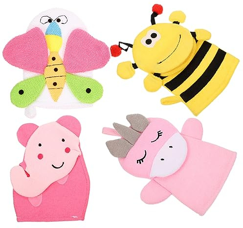 BESPORTBLE Cartoon Badehandschuhe und Entfernen Abgestorbener Hautzellen 4 Stück-pack aus Baumwollmischung zum Sanften Peeling Zufälliger Stil für Kinder im Badezimmer der Dusche