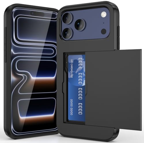 ACOCOBUY for iPhone 17 Pro Max Case with Card Holder Sliding Cover Black | Hidden Pocket IDs Credit Cards Slot Heavy Duty Shockproof Protective Dual Layer Wallet Phone Cover Back Shell for Men Women