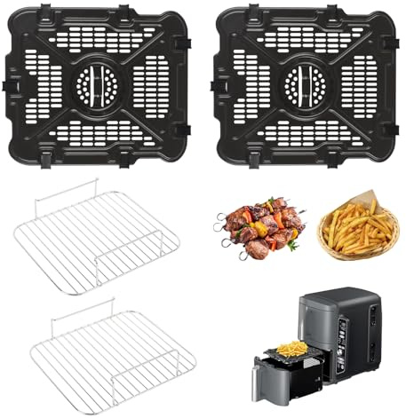 2 Stück Air Fryer Grill Pfanne für Ninja SL401 Dual Stack XL 2 Behälter Luftfritteuse, Luftfritteuse Ersatzteile mit Gummipuffer und Halterung, Ersatz Airfryer Crisper Plate Grill Tray Zubehör