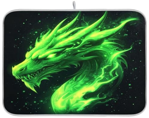 Kcldeci Green Fire Dragon Head Dish Drying Mat Kitchen Counter Mat Draining Mat Kitchen Accessories Dish Rack Pad for Dishes, Utensils, Countertops, Sinks 16x18in