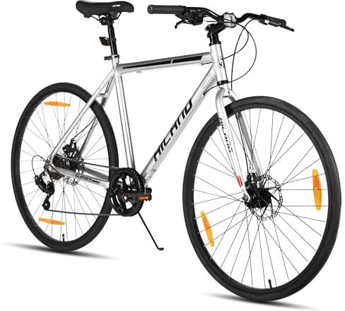 HILAND Clifford 700C Flat Handlebar Road Bike, 7-Speed Lightweight Aluminium Frame Bicycle with Front & Rear Mechanical Disc Brakes, 530/570mm Frame Sizes, Adult Men Women Commuter Bike
