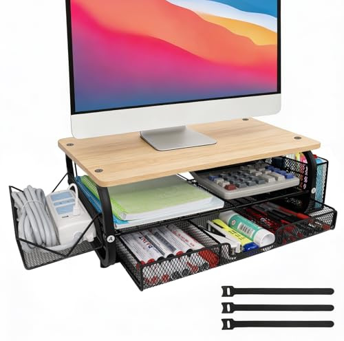 Monitorständer Holz Ergonomischer Monitorständer 30kg/66lbs, multifunktional für Monitor/Drucker/Akten, extra breite Netzablage + 3 Kabelbinder, Monitor Ständer für Homeoffice & Büro, Naturholz