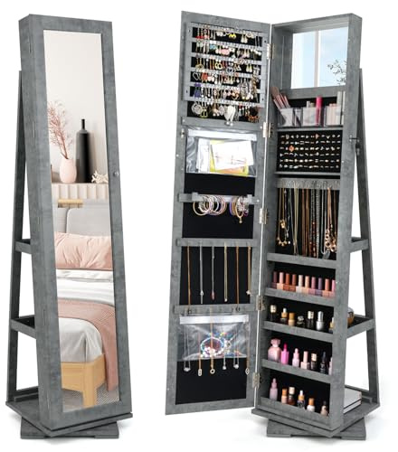 GOPLUS 3 in 1 Schmuckschrank mit spiegel, Spiegelschrank stehend, 360°drehbar, abschließbar, Standspiegel Schmuck Organizer mit großem Stauraum & Ablagefächern für Schlafzimmer (Vintage Grau)