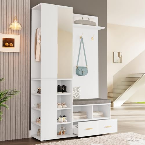 Httcg Garderobe Set Garderobenschrank Höhe 190 cm mit Spiegel und Kleiderstange, Garderobenset Wandgarderobe Flurgarderoben Set mit Schublade und Schuhbank, Kompaktgarderobe Flurmöbel mit Regal, Weiß