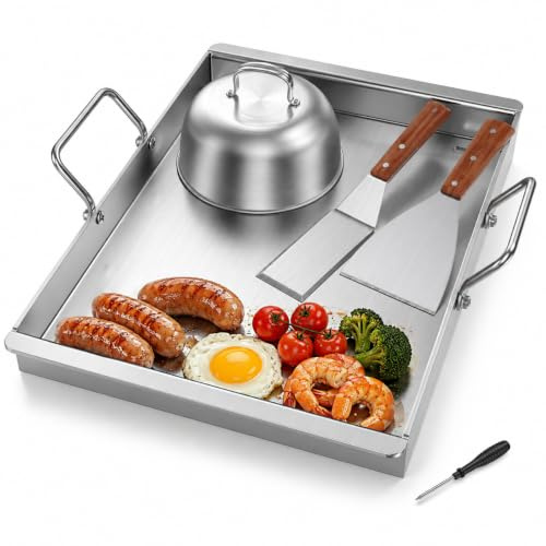 Plancha de acero inoxidable, 40 x 30 cm (4 mm de grosor), juego con campana de hamburguesa y 2 espátulas, placa de hamburguesa maciza para barbacoa de gas y parrilla de carbón, plancha inoxidable para
