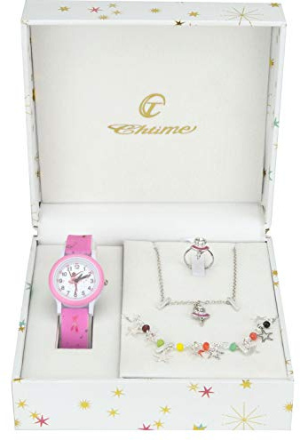 BELLOS Geschenkset Mädchen Armbanduhr Rosa- Schmuck Set Tänzer - Halskette-Ring- Armband