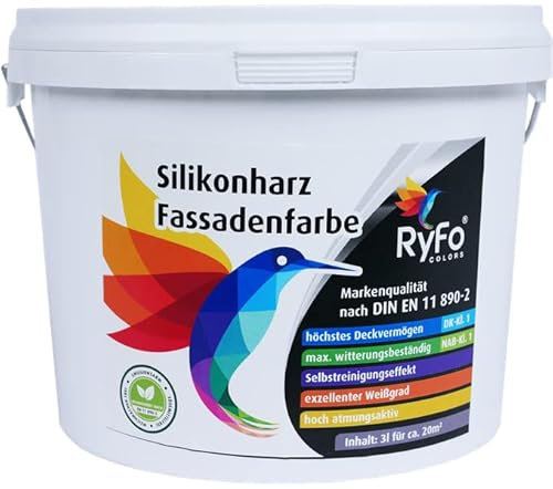 RyFo Colors Silikonharz Fassadenfarbe 3l (Größe wählbar) - hochwertige Silikon Außen-Farbe-Dispersion, weiß, abtönbar, wasserabweisend, Abperleffekt, Wetterschutz, hohe Deckkraft, lösemittelfrei