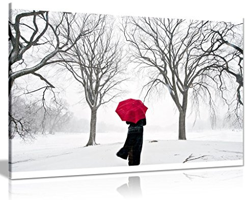 Coloured Red Umbrella In The Snow Canvas Wall Art Picture Print (24X16)