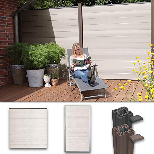 terrasso WPC/BPC Sichtschutzzaun bi-Color weiß 6 Zäune, 1 Torelement inkl. 8 Pfosten Sichtschutz Gartenzaun
