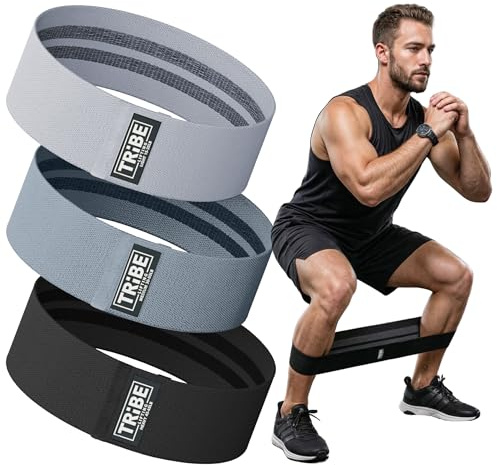 Tribe Lifting Resistance Bands for Working Out - 3 Pack Fabric Workout Bands for Women and Men - Booty Bands for Legs and Glute - Non Slip Exercise Bands Set for Squat Hip Thigh (Gray)
