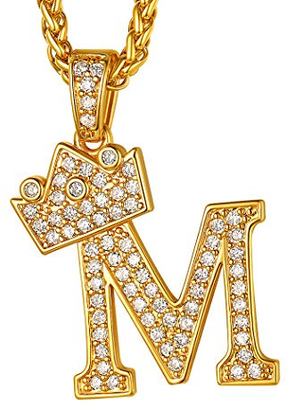 Suplight Iced-Out Kette für Männer Jungen 18k vergoldet Buchstabe M + Krone Anhänger Halskette 3mm/56+5cm Weizenkette Hiphop Modeschmuck Accessoire für Rapper Biker