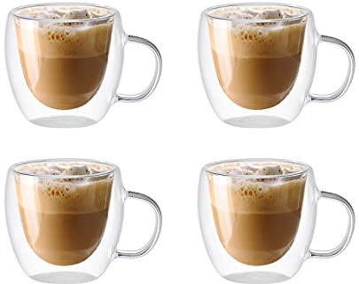 KKPW Lot de 4 tasses à café en verre à double paroi, 150 ml isothermes avec poignée, tasses transparentes pour latte, boissons, cappuccinos, expresso