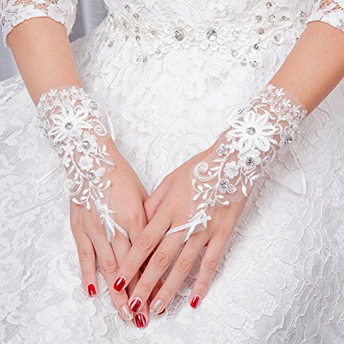 Bridal White Lace Flower Gloves - Elegant Princess Wedding Dress Short Gloves with Tulle and Rhinestone Embroidery