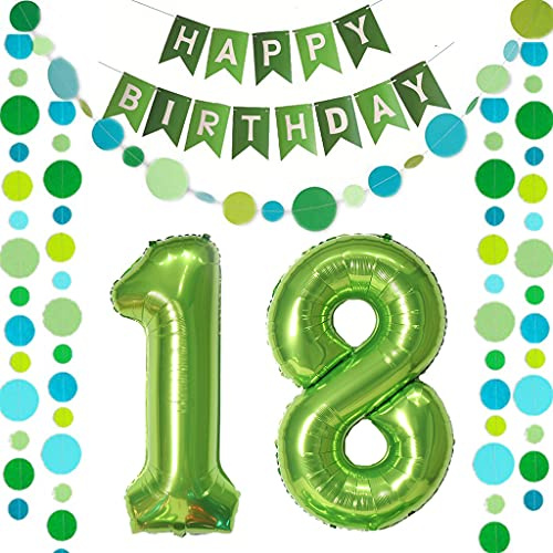 Luftballons Zahl 18 Grün + Happy Birthday Girlande + banner Folienballon 18.Geburtstags deko Mädchen jungen ballons 18 Jahre Geburtstag deko Zahlenballon 18 Geburtstag dekoration Mädchen junge(18)