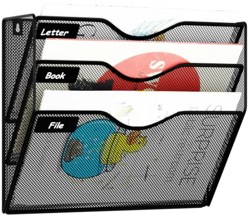 GDINDINFAN Hängender Aktenhalter mit 3 Fächern, Prospekthalter, Zeitschriftenhalter, Magazinhalter, aus Netzstoff, zur Wandmontage, für Zeitschriften, Schwarz