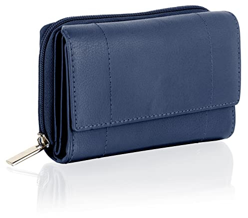 Woodland Leathers Purses for Women, Real Leather RFID Protection Small Purse Wallet with Card and Zip Coin Pockets (Navy)