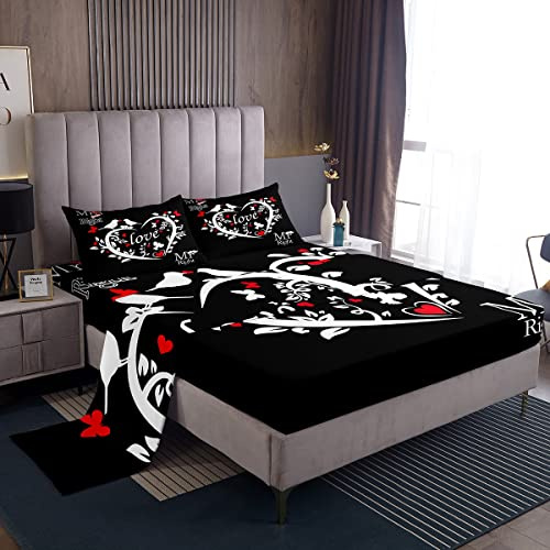 Loussiesd Mr Mrs - Set di lenzuola per uomo e donna, felicità, amore, uccellini, cuore, set di biancheria da letto romantico per matrimonio, San Valentino, per letto matrimoniale, 4 pezzi