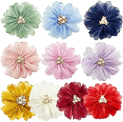 10 Stück glänzende Chiffon-Stoff Blumen Applikationen 8,9 cm flache Rückseite glänzend für Party Hochzeit Dekor Quaste Topper Dekoration Geschenk Verpacken Kleidung Haarschmuck DIY Handwerk