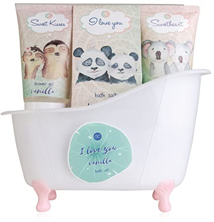 Accentra – I LOVE YOU Bade- & Duschset mit Vanilleduft - Geschenkset für Frauen zum Geburtstag & Valentinstag - 5-Teiliges Wellness Pflegeset mit Mini Deko-Badewanne