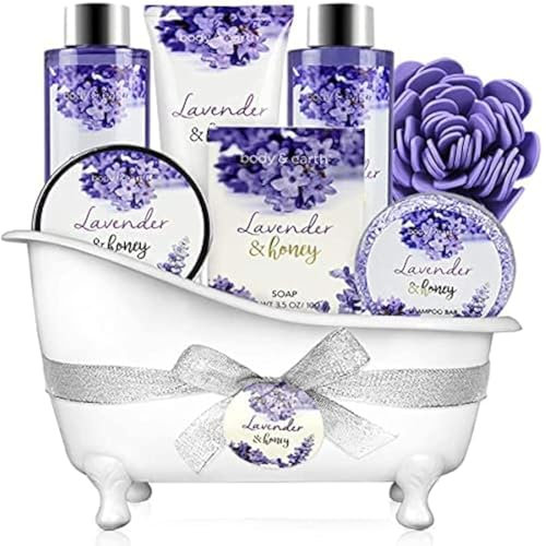 BODY & EARTH Bade Geschenke für Frauen 8 tlg, Lavendel Geschnkkorb, Wellness Set für Frauen, Pflegeset mit Deko Badewanne, Geburtstagsgeschenk, Geschenk für Mama, Weihnachtsgeschenke