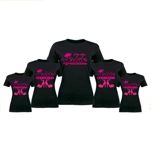 Generico Pacchetto Kit Magliette Party Addio al Nubilato Personalizzate Bride Security Sposa e Amiche 100% Cotone, T-Shirt Amica Matrimonio Sposi Manica Corta Girocollo Bianco Nero Fucsia