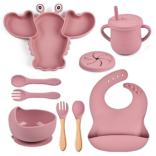 Kindergeschirr Baby-Teller Sets, 9-teiliges Set Kinderteller mit Saugnapf Löffel Gabel Schüssel, Teller Lätzchen Schüssel Löffel Gabel Baby Trinkbecher, rutschfest BPA Frei