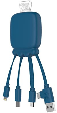 Xoopar Câble Multi Connecteurs USB avec Chargeur Universel et Batterie Externe 3000 mAH en Plastique Recyclé - Hub USB 4 en 1- Octopus Gamma - Bleu