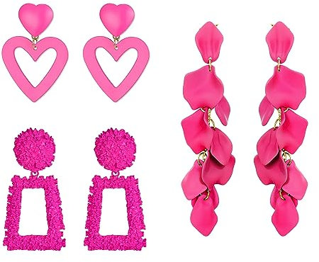 EVER FAITH 3 par varma rosa örhängen, rosa hjärta örhängen rosa långa blomörhängen, rosa geometriska uttalande örhängen för kvinnor, Akryl