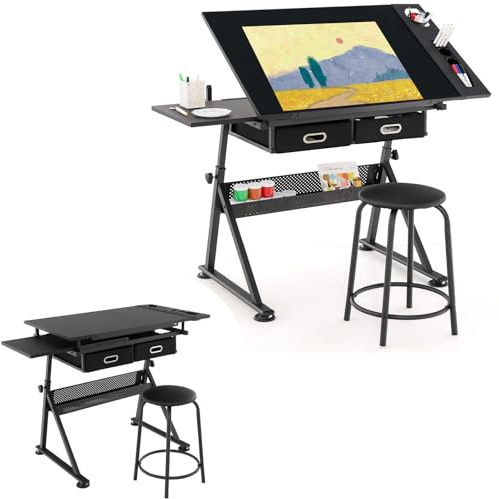 LIFEZEAL Mesa de Dibujo Regulable en Altura, 119x61,5x73,5-98 cm, Juego de Escritorio de Dibujo con Taburete para Artistas, Mesa de Arquitecto con Tablero Inclinable (Negro)