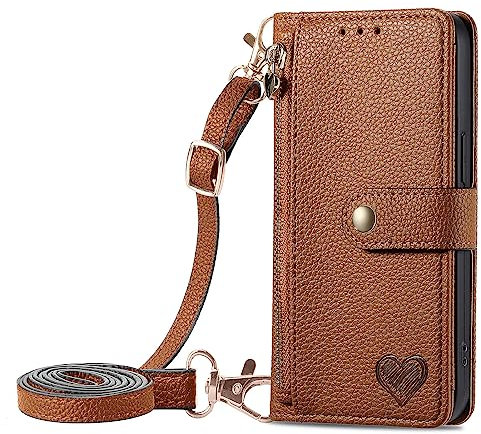 VQWQ Flip Case Compatible with iPhone 13 Pro 6.1 - Adjustable Crossbody Lanyard Zipper Cash Pocket Wallet Leather Case Card Holder Stand Metal Close Cover for iPhone 13 Pro 6.1 [AX] -Brown