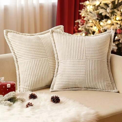 EMEMA Kordsamt Kissenbezüge Weihnachten Weich Dekokissen Dekorativ Kissenbezug 45x45 cm Kissenhülle Sofakissen Zierkissen Couchkissen 2er Set für Wohnzimmer Schlafzimmer Creme