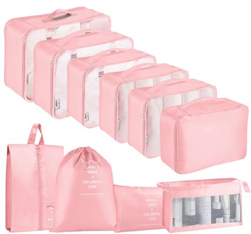 Koffer Organizer Set, 10 Stück Packing Cubes for Suitcase Travel Accessories Kofferorganizer Set Kleidertaschen Packwürfel Kosmetik Travel Organizer Packtaschen für Koffer (Rosa)