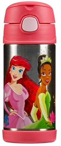 Thermos - Disney Princesses Water Bottle (355ml) - BPA Free, Stainless Steel, Spill Proof, Pop-Up Straw, Disney Kids Flask with Personalised Name Labels & Carry Handle for 12-Hour Cold Drinks