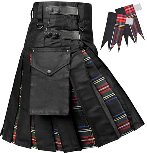 Kilt Ibrido da Uomo Tradizionale Scozzese con Flash, Stewart Nero, 34-36