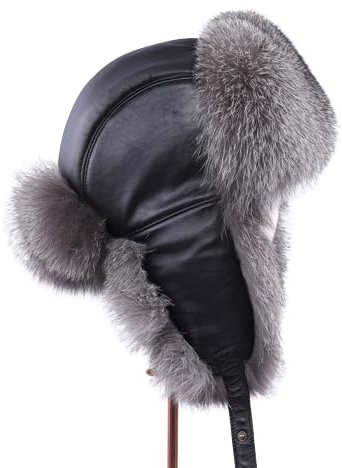 Russische Mütze Winter Herren Silber Kunstfell Bombermütze Pelz Ushanka Cap Trapper Russischer Mann Skimützen Mützen Leder,Silberfell,57-62Cm