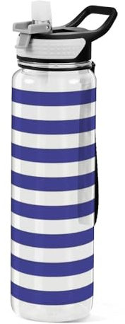 Mnsruu Transparente Sport-Wasserflasche mit Strohhalm, auslaufsichere Trinkflasche, blau-weiße Streifen, Fahrradflaschen für Sport, Büro, Schule, BPA-freier Tritan-Kunststoff, 1 Liter