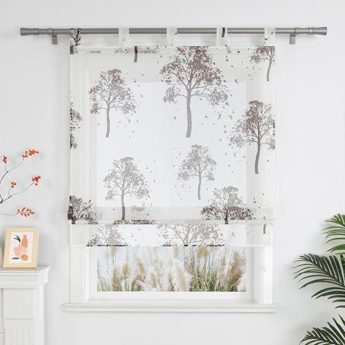 Yujiao Mao halbtransparent Faltrollo mit modernem Baum-Muster mit Schlaufen, ideal für Wohnzimmer Küche 1 Stück,BxH 80x140cm