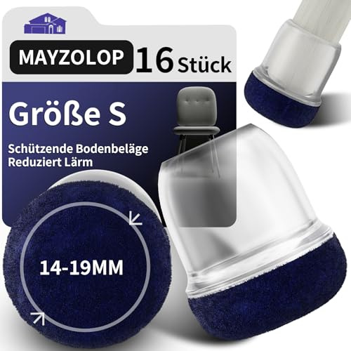 MAYZOLOP 16PCS Chair Leg Floor Protectors, Ø14-19mm Round Transparent Silicone Chair Leg Caps with Navy Blue Felt Pads, Hardwood Floor Protectors for Furniture Legs,No Scratches No Noise