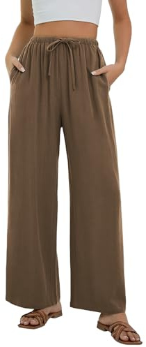 Stamain Pantaloni di Lino Donna Estivi Pantaloni Larghi Casual Ampi a Vita Alta Eleganti Pantaloni Leggeri da Spiaggia Comodi Pants con Tasche Marrone M