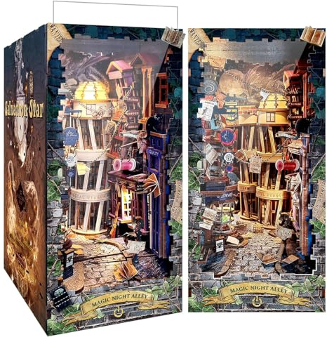 RONSTONE Book Nook - Miniature Dollhouse Booknook with Dust Cover and LED Light - Magic Night Alley 3D Puzzles Bookshelf Insert Decor Creative Gift
