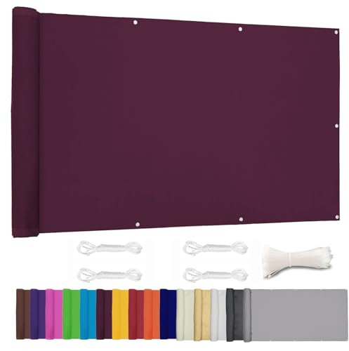 Moboo Balkon Sichtschutz PB2 PES blickdichte Balkonumspannung mit Ösen und Kabelbinder 8 Tage geliefert - in div.5 Größen & 2 Farben 420D Weinrot, 1.1x5.5m